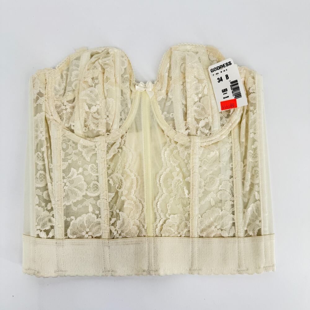 Vtg Goddess Longline Bra 34B Ivory Lace Bustier Corset Lingerie Vtg Bridal NWT